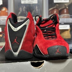 Jordan’s Y sneakers red suede with black suede trim black shoe laces